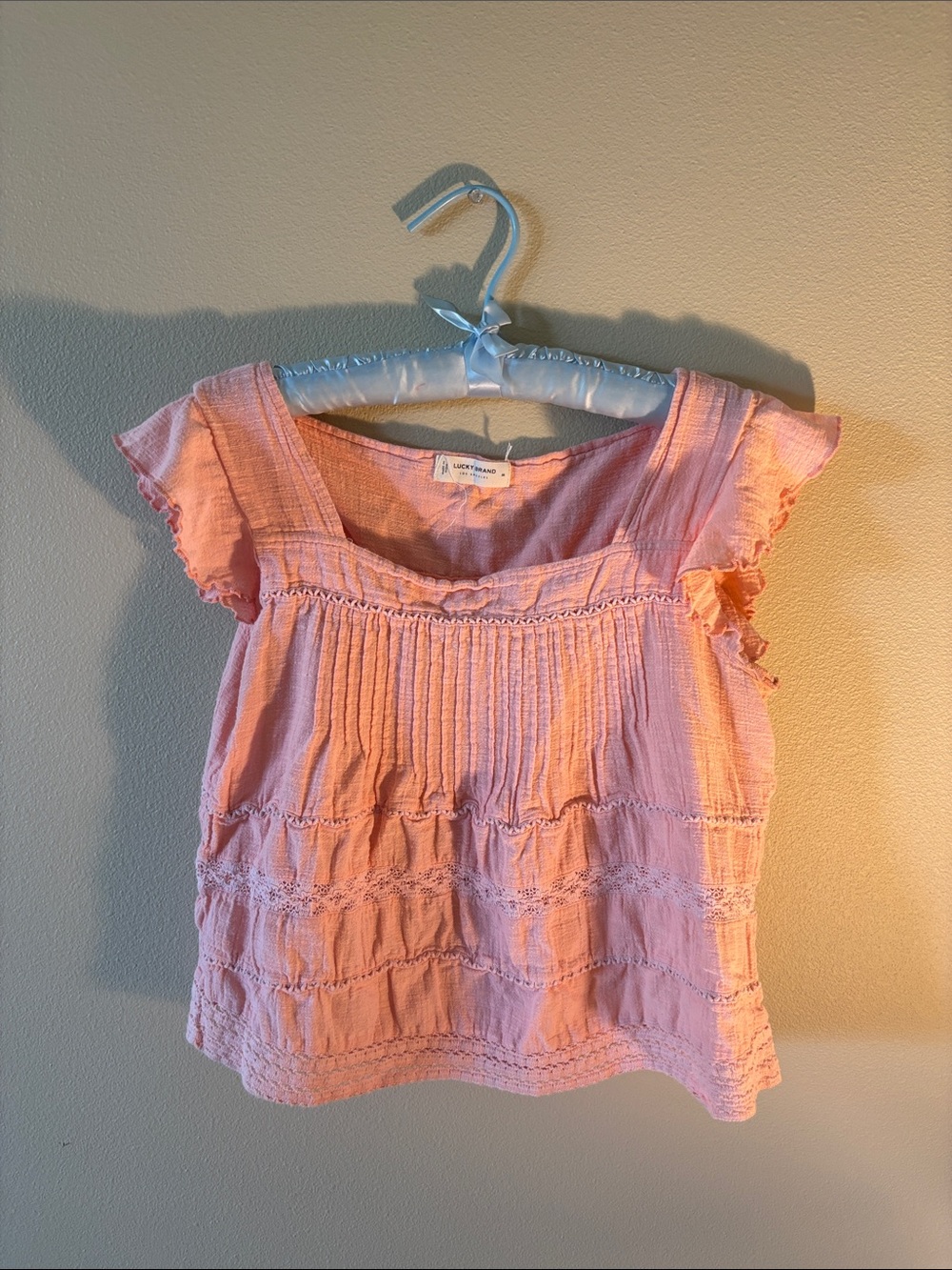 Lucky Brand - Pink Square Neck Flutter Sleeve Lace Top!!